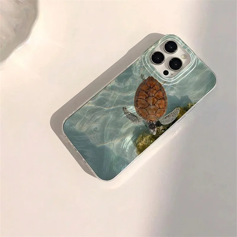 Summer Cool Turtle Pattern Phone Case for iPhone 17 Air 16 16e 15 14 13 12 11 Pro Max 8 7 Plus Chiffon Texture Back Cover
