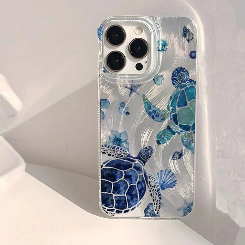 Summer Cool Turtle Pattern Phone Case for iPhone 17 Air 16 16e 15 14 13 12 11 Pro Max 8 7 Plus Chiffon Texture Back Cover