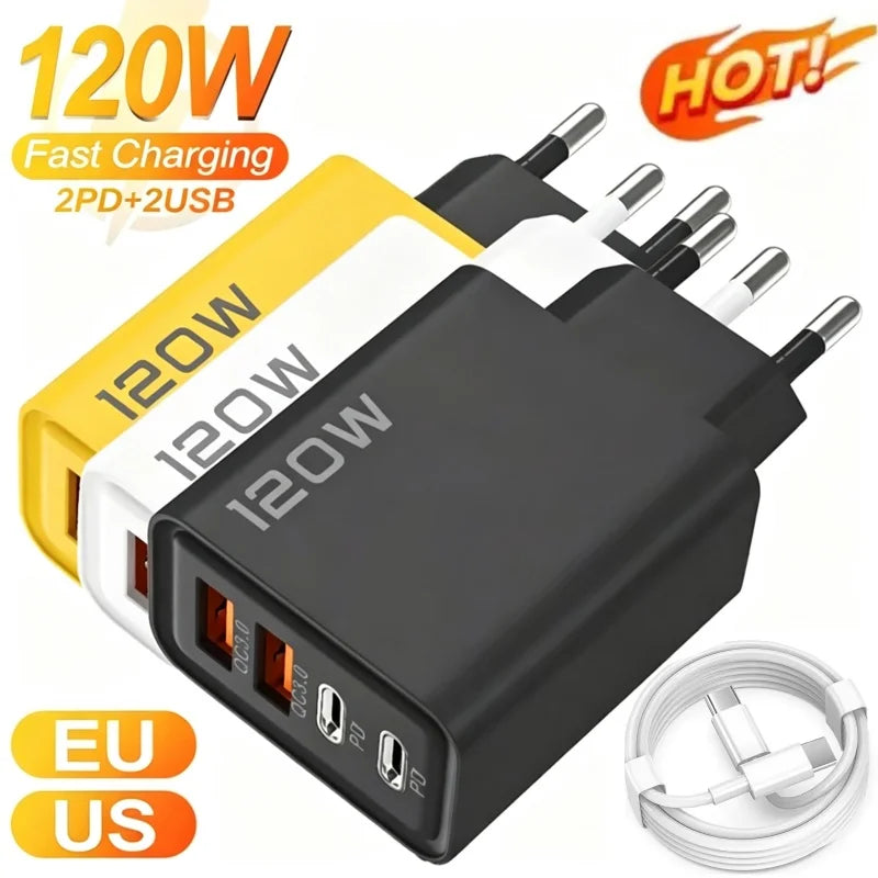 Total 120W Fast Charger USB Type C Cable Fast Charging Phone Power Adapter For iPhone Xiaomi Samsung Quick Charge Wall Charger