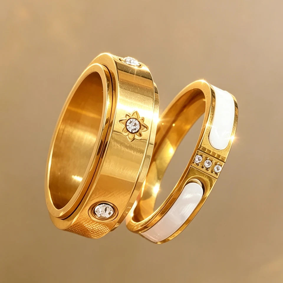 Yupsk 2pcs Gold Color Stainless Steel Stackable Rings Rotating Design Inlaid Zircon Decompress and Relax Jewelry Gif