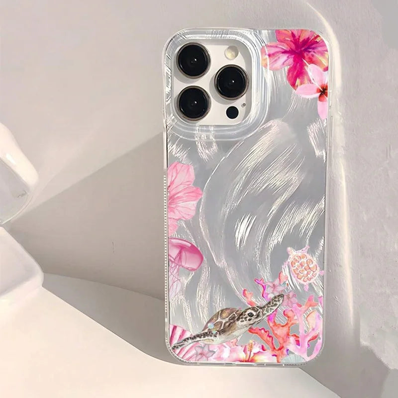 Summer Cool Turtle Pattern Phone Case for iPhone 17 Air 16 16e 15 14 13 12 11 Pro Max 8 7 Plus Chiffon Texture Back Cover