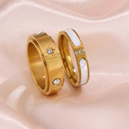 Yupsk 2pcs Gold Color Stainless Steel Stackable Rings Rotating Design Inlaid Zircon Decompress and Relax Jewelry Gif