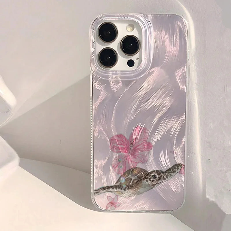 Summer Cool Turtle Pattern Phone Case for iPhone 17 Air 16 16e 15 14 13 12 11 Pro Max 8 7 Plus Chiffon Texture Back Cover