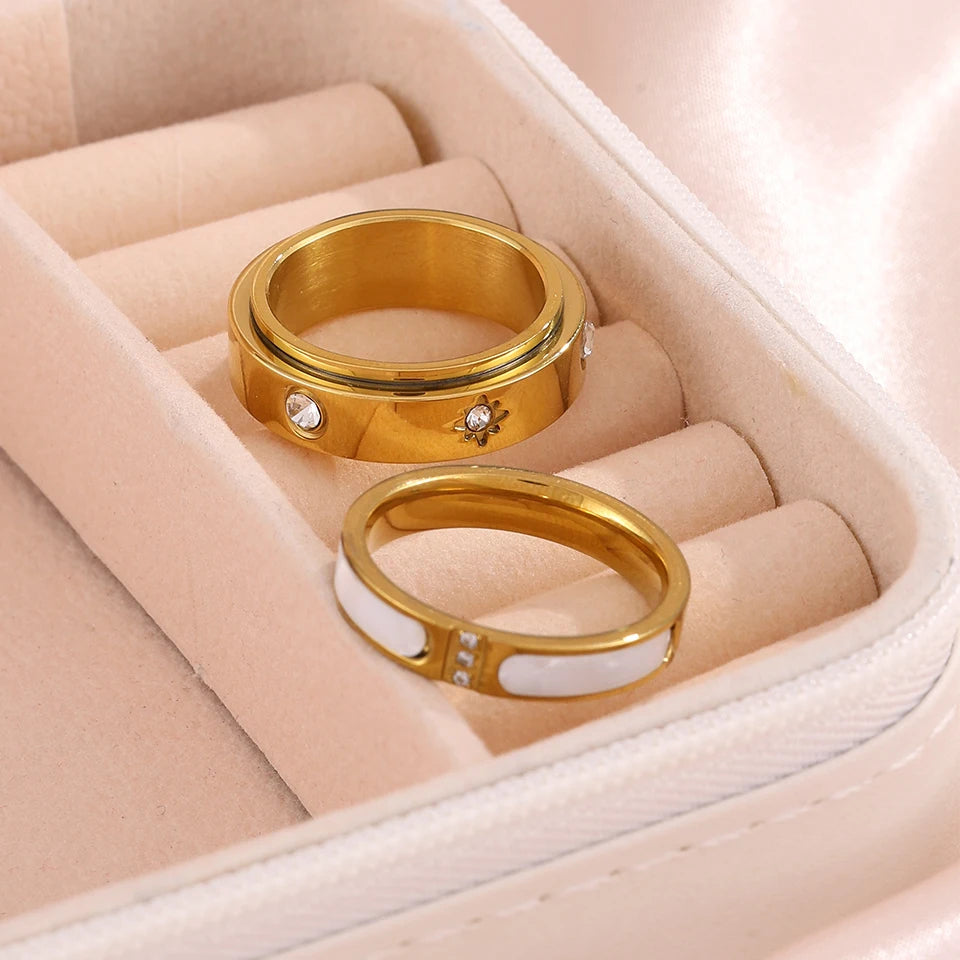 Yupsk 2pcs Gold Color Stainless Steel Stackable Rings Rotating Design Inlaid Zircon Decompress and Relax Jewelry Gif