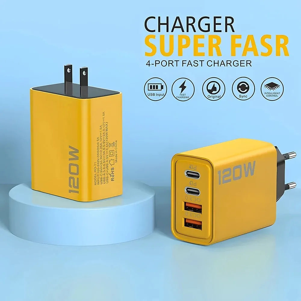 Total 120W Fast Charger USB Type C Cable Fast Charging Phone Power Adapter For iPhone Xiaomi Samsung Quick Charge Wall Charger