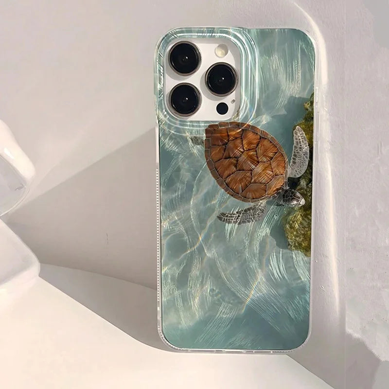 Summer Cool Turtle Pattern Phone Case for iPhone 17 Air 16 16e 15 14 13 12 11 Pro Max 8 7 Plus Chiffon Texture Back Cover