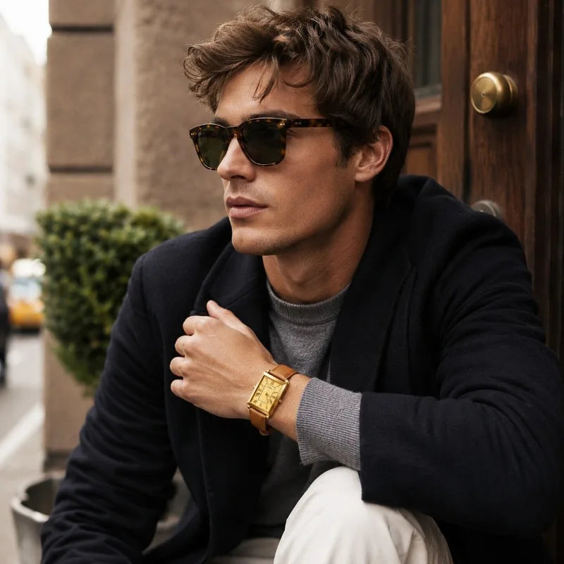 Luxury Brand Men's Quartz Wristwatch Fashion Rectangle Dial Leather Strap Watch for Man Business Casual Male Clock Montre Homme
