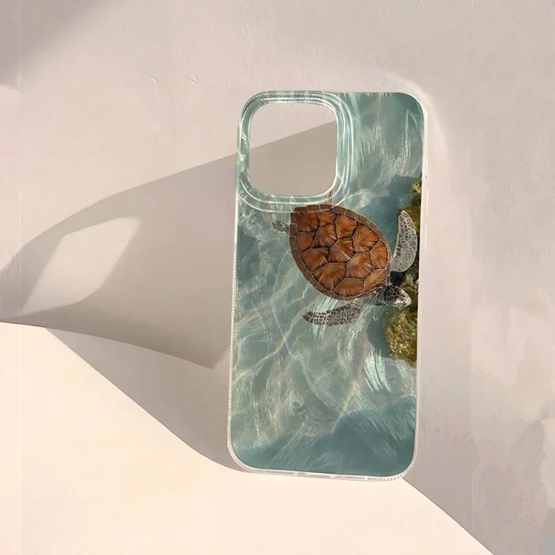 Summer Cool Turtle Pattern Phone Case for iPhone 17 Air 16 16e 15 14 13 12 11 Pro Max 8 7 Plus Chiffon Texture Back Cover