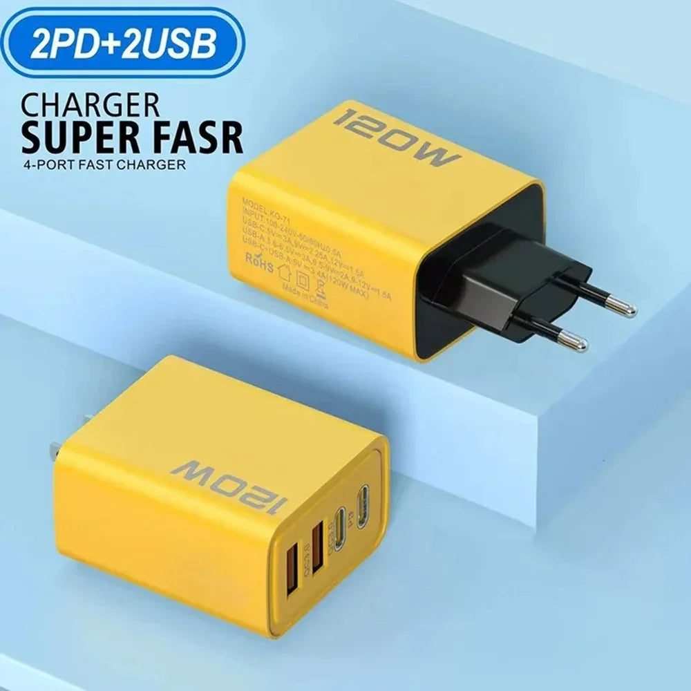 Total 120W Fast Charger USB Type C Cable Fast Charging Phone Power Adapter For iPhone Xiaomi Samsung Quick Charge Wall Charger