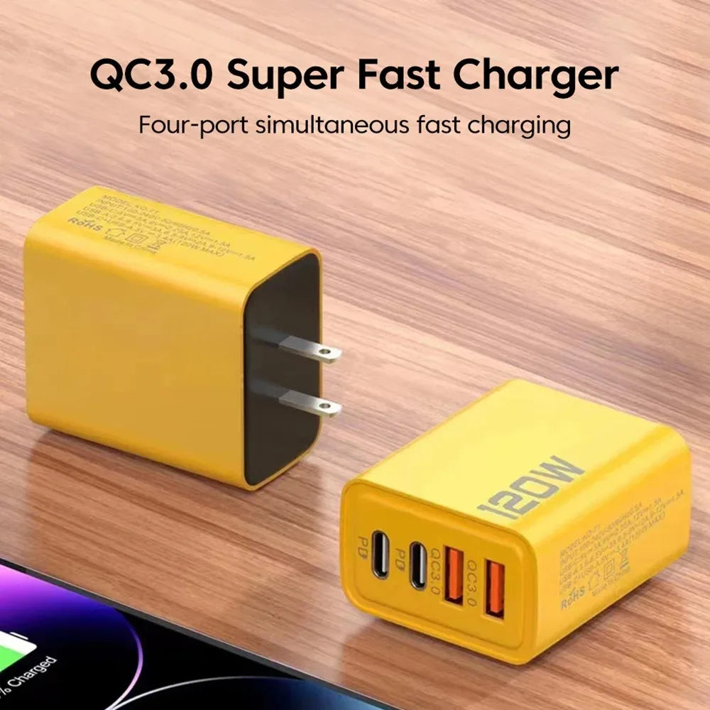 Total 120W Fast Charger USB Type C Cable Fast Charging Phone Power Adapter For iPhone Xiaomi Samsung Quick Charge Wall Charger