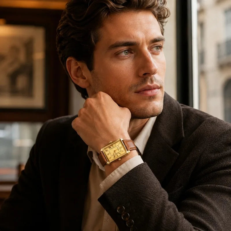 Luxury Brand Men's Quartz Wristwatch Fashion Rectangle Dial Leather Strap Watch for Man Business Casual Male Clock Montre Homme