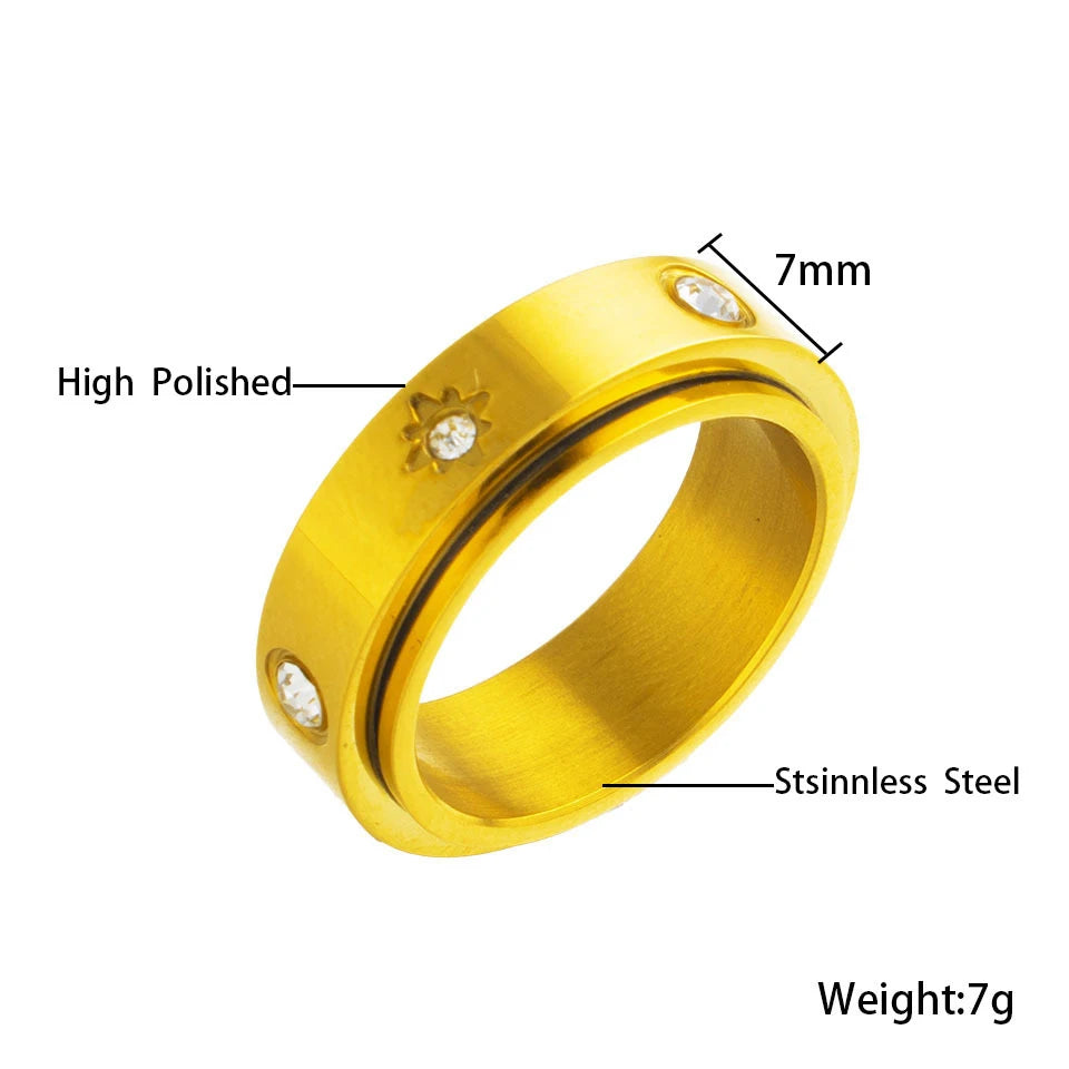 Yupsk 2pcs Gold Color Stainless Steel Stackable Rings Rotating Design Inlaid Zircon Decompress and Relax Jewelry Gif